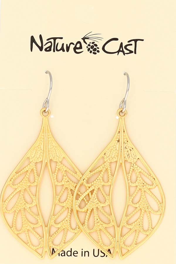 12535 Earring dangle filigree oval leaf gold plate THUMBNAIL