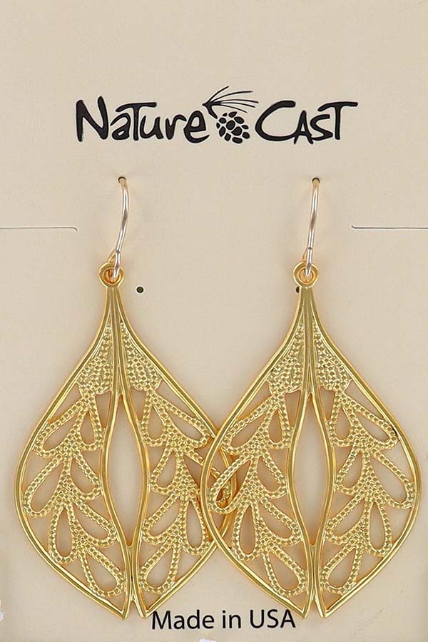 12535 Earring dangle filigree oval leaf gold plate THUMBNAIL