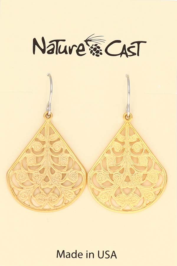 12542 Earring dangle filigree teardrop w/ spirals gold plate THUMBNAIL