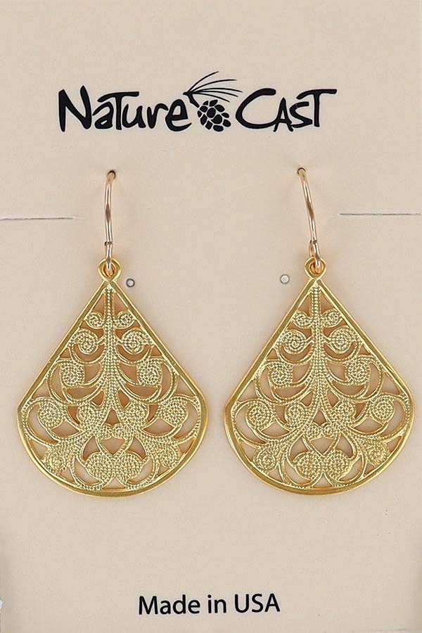 12542 Earring dangle filigree teardrop w/ spirals gold plate THUMBNAIL