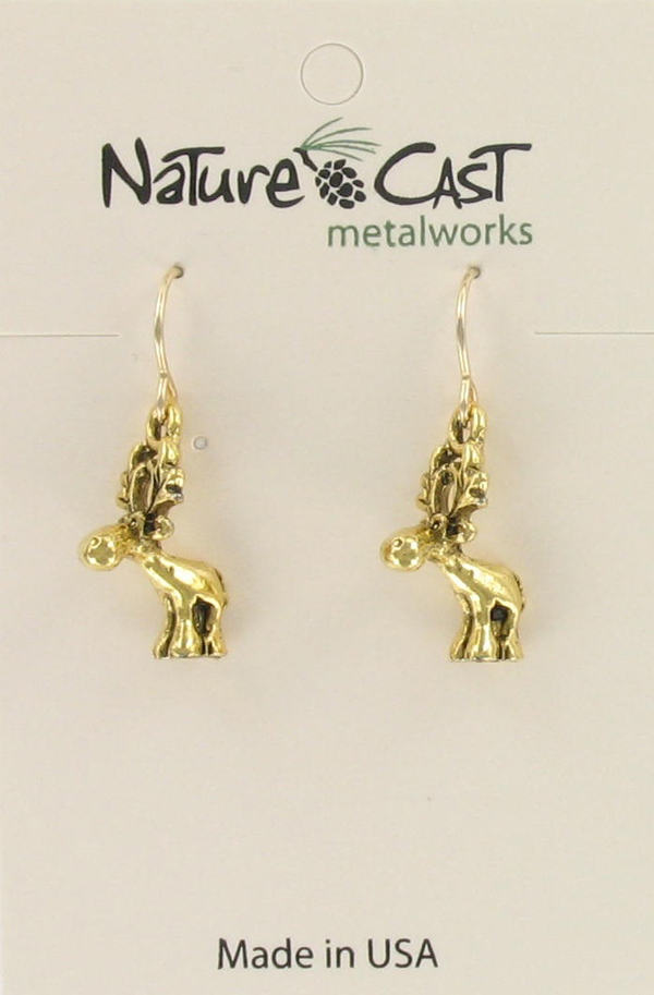 Earring dangle gold tone whimsy moose THUMBNAIL