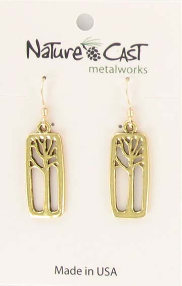 Earring dangle gold tone tree in rectangle THUMBNAIL