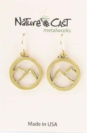 Earring dangle gold tone mountain in circle LARGE