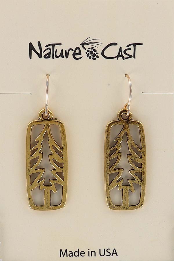 12567 Earring dangle gold tone petro tree in rectangle LARGE
