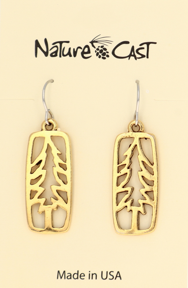 12567 Earring dangle gold tone petro tree in rectangle LARGE