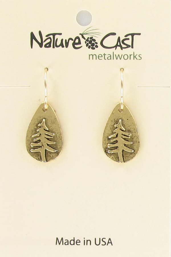 Earring dangle gold tone teardrop pine tree LARGE