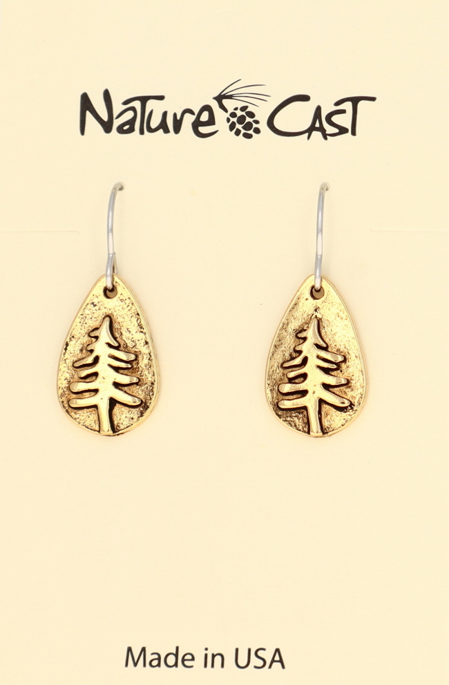 12574 Earring dangle gold tone teardrop pine tree LARGE
