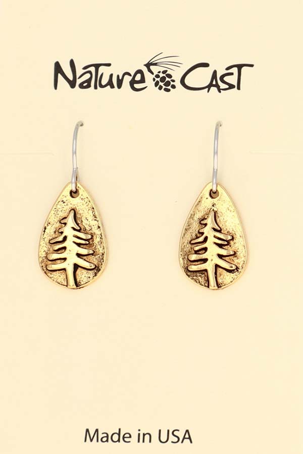 12574 Earring dangle gold tone teardrop pine tree LARGE