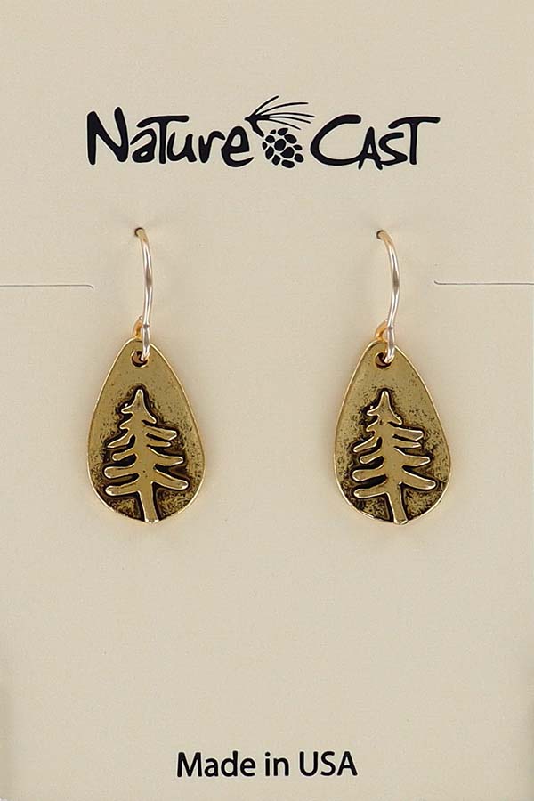 12574 Earring dangle gold tone teardrop pine tree THUMBNAIL