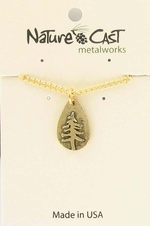 Pendant gold tone teardrop pine tree w/18" chain LARGE