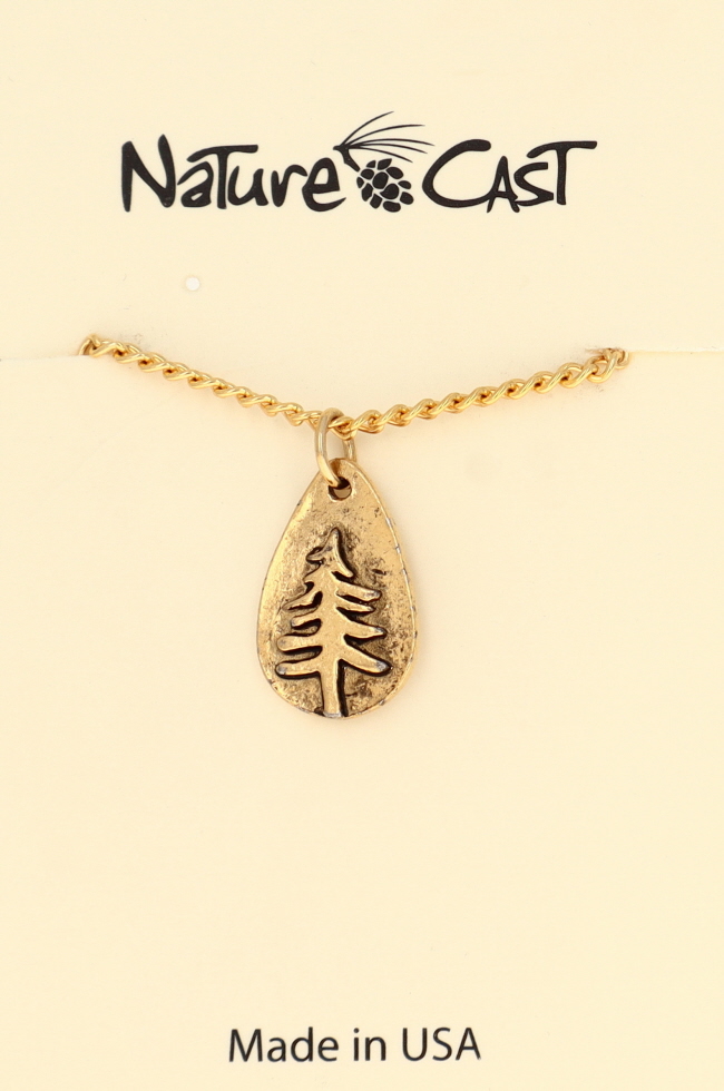 12575 Pendant gold tone teardrop pine tree w/18" chain LARGE