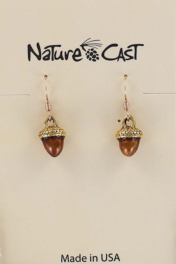 12582 Earring dangle gold tone hand painted acorn THUMBNAIL