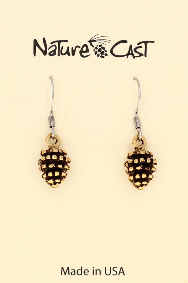 12598 Earring dangle gold tone pine cone THUMBNAIL