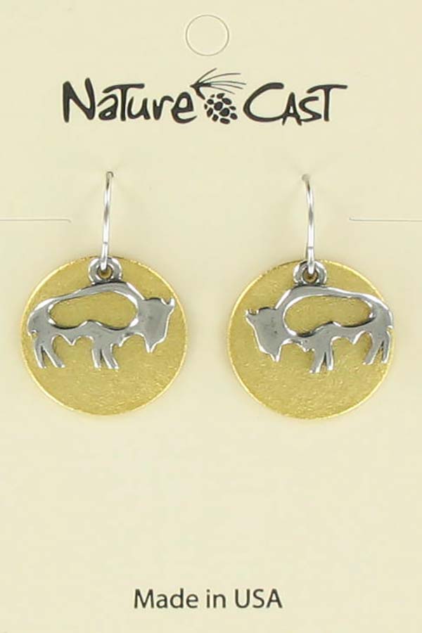 Earring dangle 2tone open bison on disc THUMBNAIL