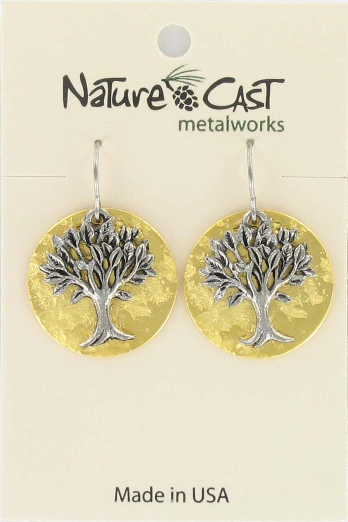Earring dangle tree of life on gold plate disc THUMBNAIL