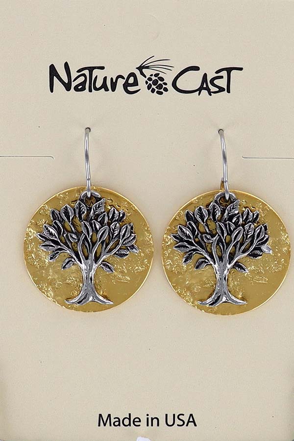 12734 Earring dangle tree of life on gold plate disc THUMBNAIL
