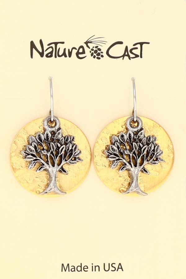 12734 Earring dangle tree of life on gold plate disc THUMBNAIL