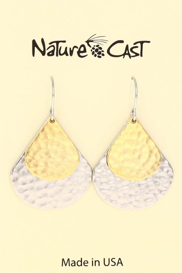 12739 Earring dangle 2 tone double hammered teardrop THUMBNAIL