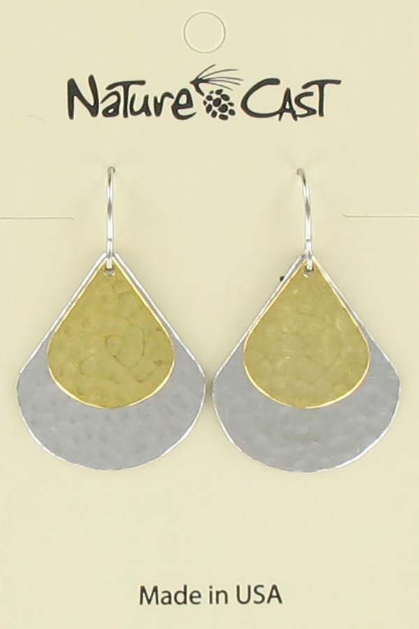 Earring dangle 2 tone double hammered teardrop THUMBNAIL