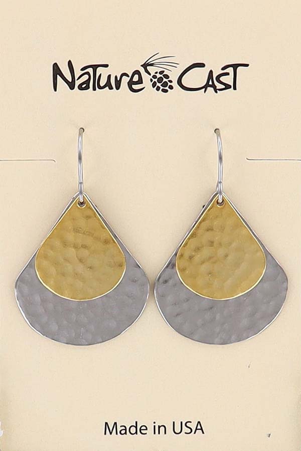 12739 Earring dangle 2 tone double hammered teardrop THUMBNAIL