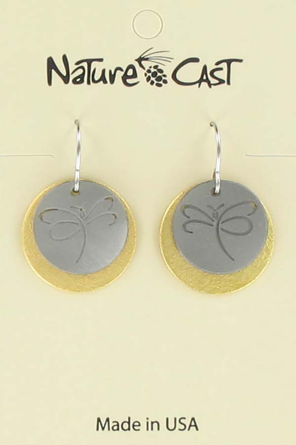 Earring dangle 2 tone cutout dragonfly on disc THUMBNAIL