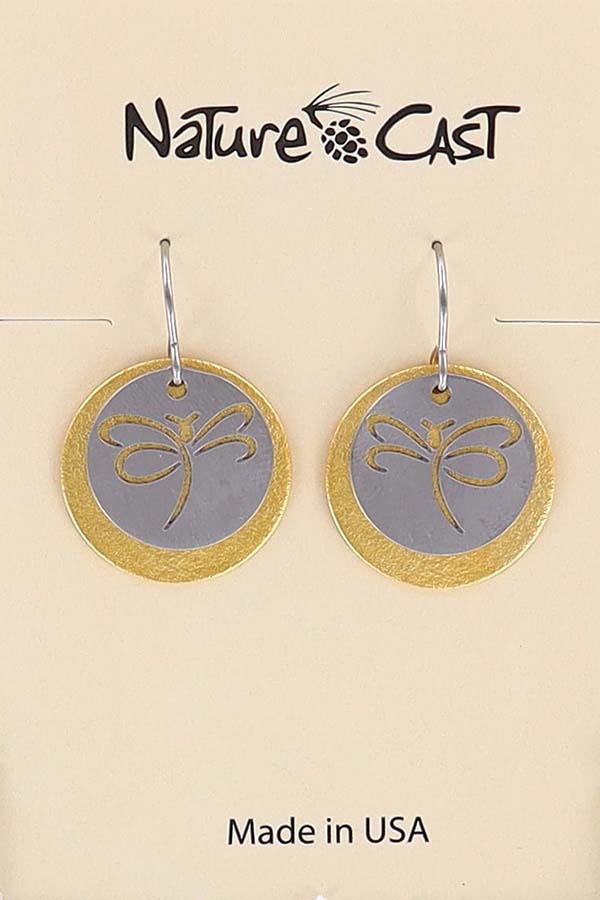 12742 Earring dangle 2 tone cutout dragonfly on disc LARGE