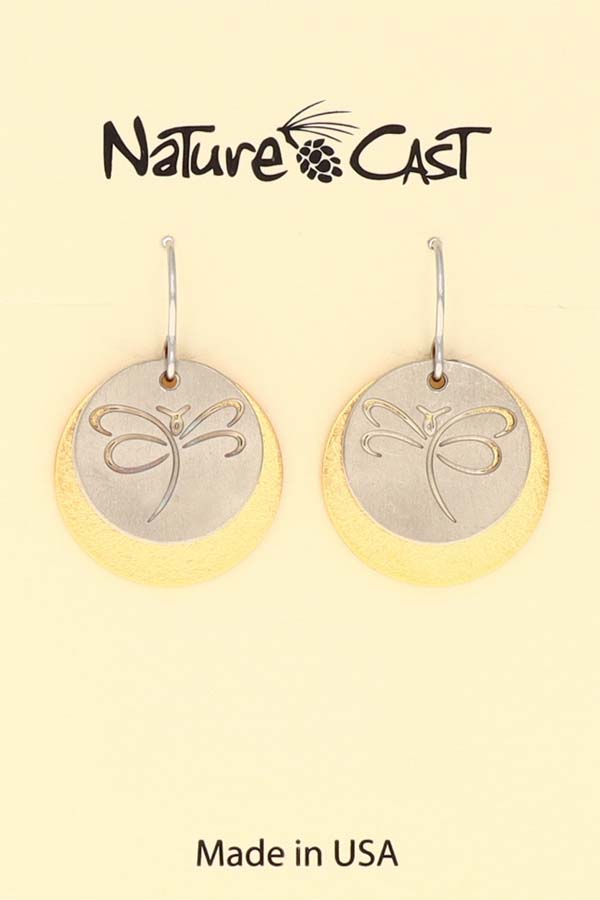 12742 Earring dangle 2 tone cutout dragonfly on disc LARGE