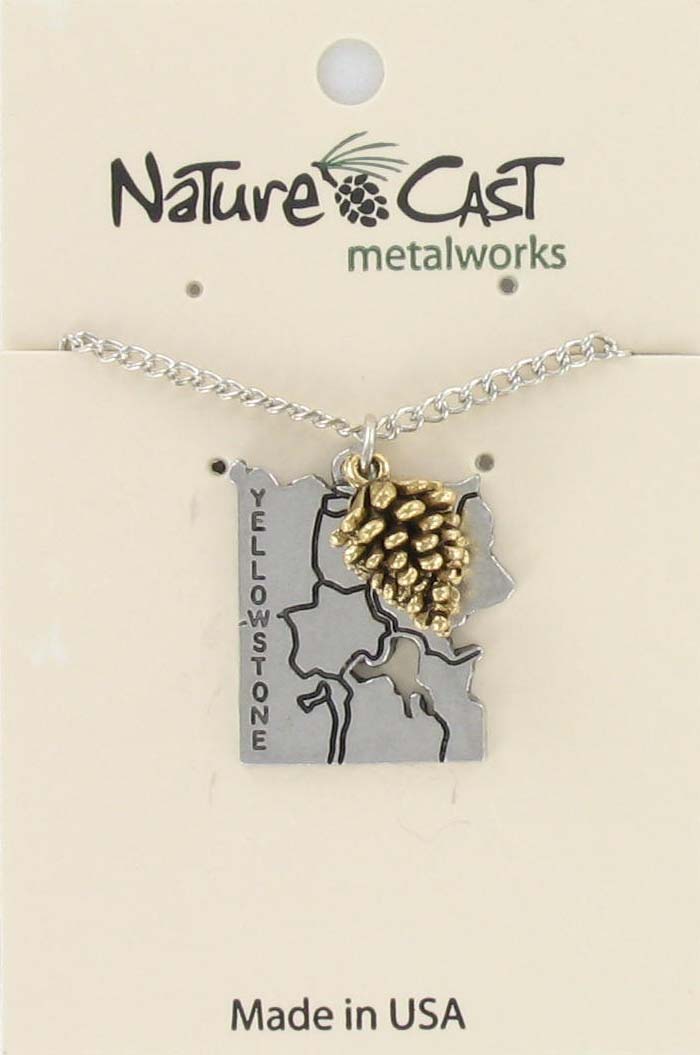 Pendant Yellowstone map with gold tone pinecone w / 18" chain THUMBNAIL