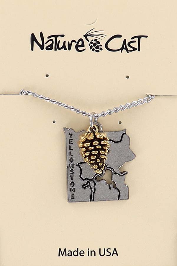 12745 Pendant Yellowstone map with gold tone pinecone w / 18" chain LARGE