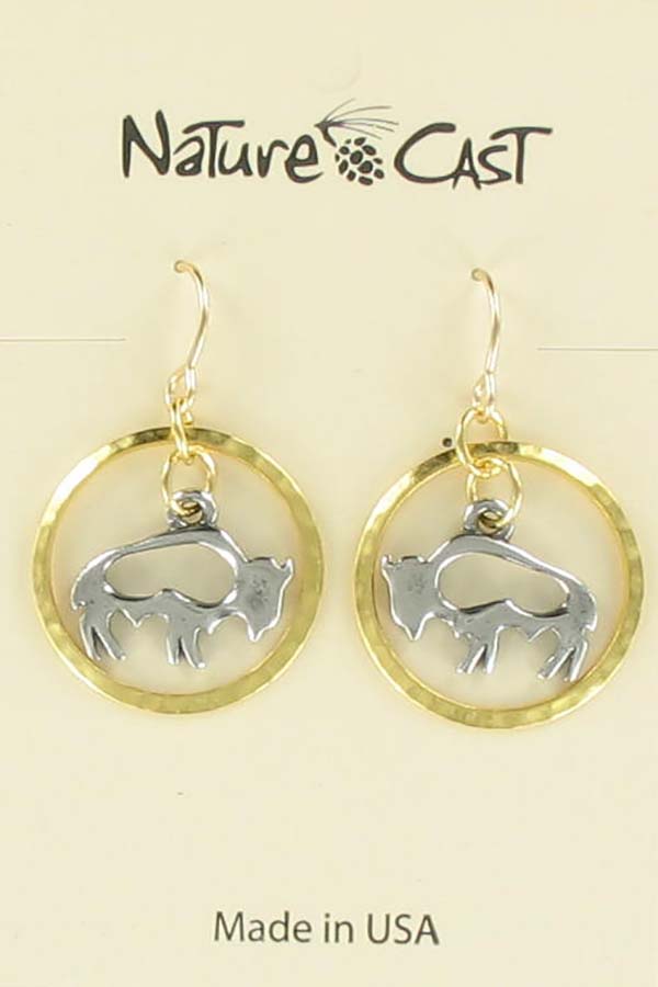 Earring dangle 2 tone cutout bison in gold circle THUMBNAIL