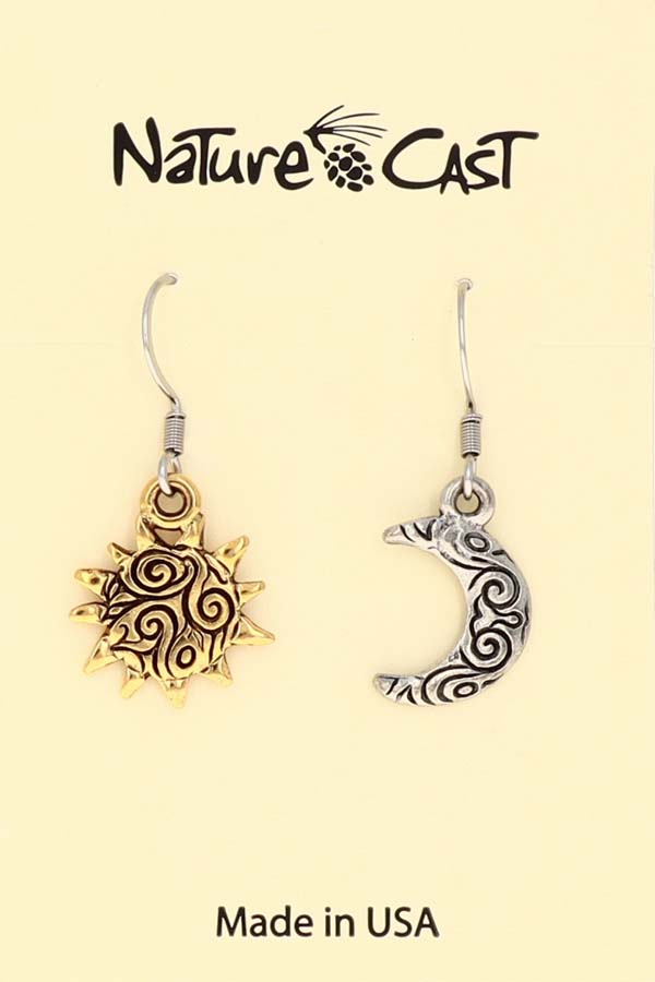12755 Earring dangle 2 tone sun and moon swirls LARGE