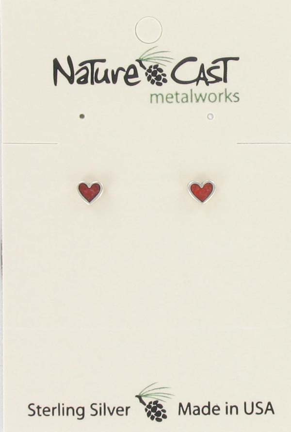 Earring post sterling silver coral inlay heart THUMBNAIL