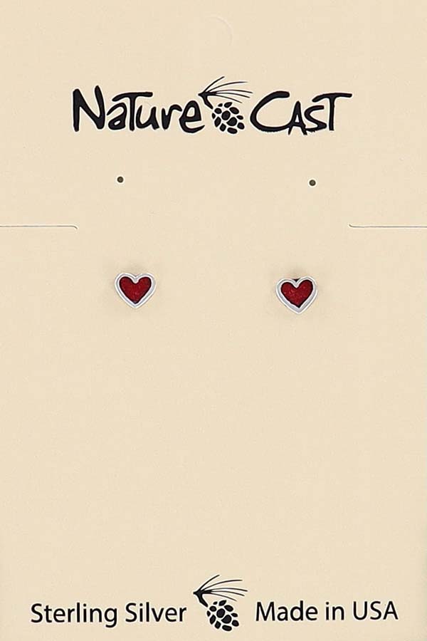 13241 Earring post sterling silver coral inlay heart LARGE
