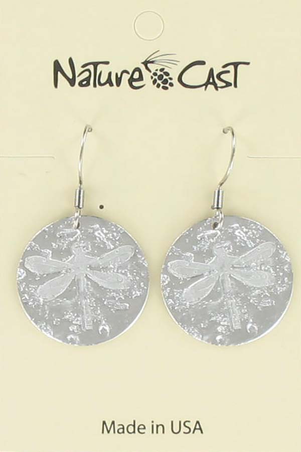 Earring dangle dragonfly stamp on disc THUMBNAIL