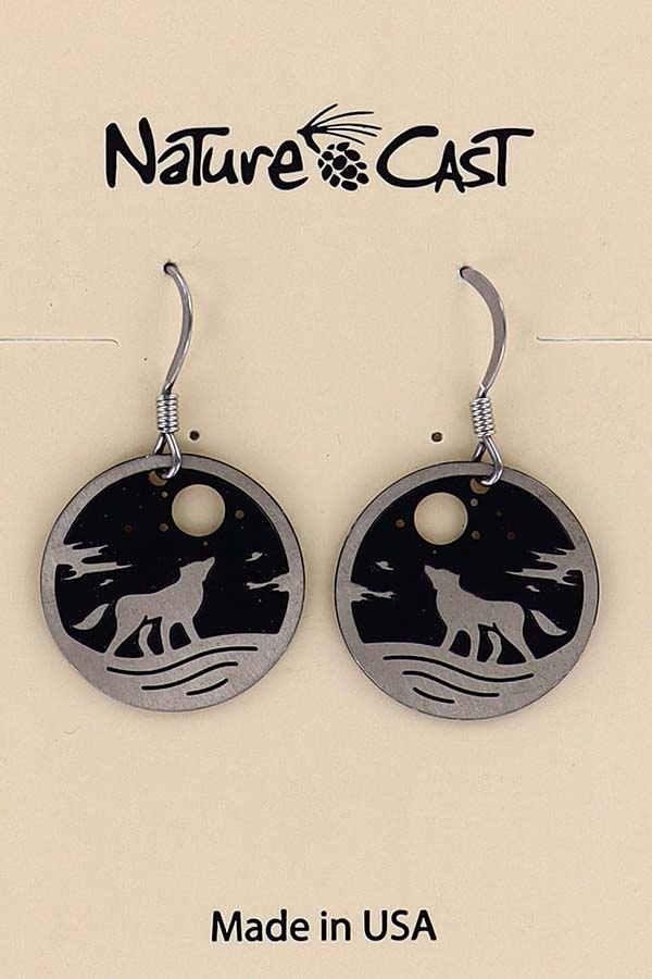 21104 Earring dangle howling wolf round disc THUMBNAIL