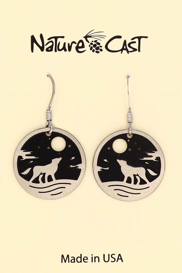 21104 Earring dangle howling wolf round disc LARGE