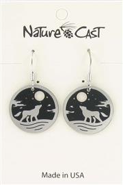 Earring dangle howling wolf round disc THUMBNAIL