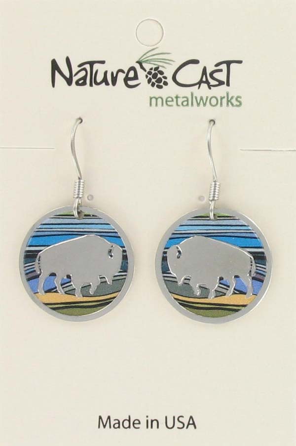Earring dangle round bison with colorful landscape THUMBNAIL