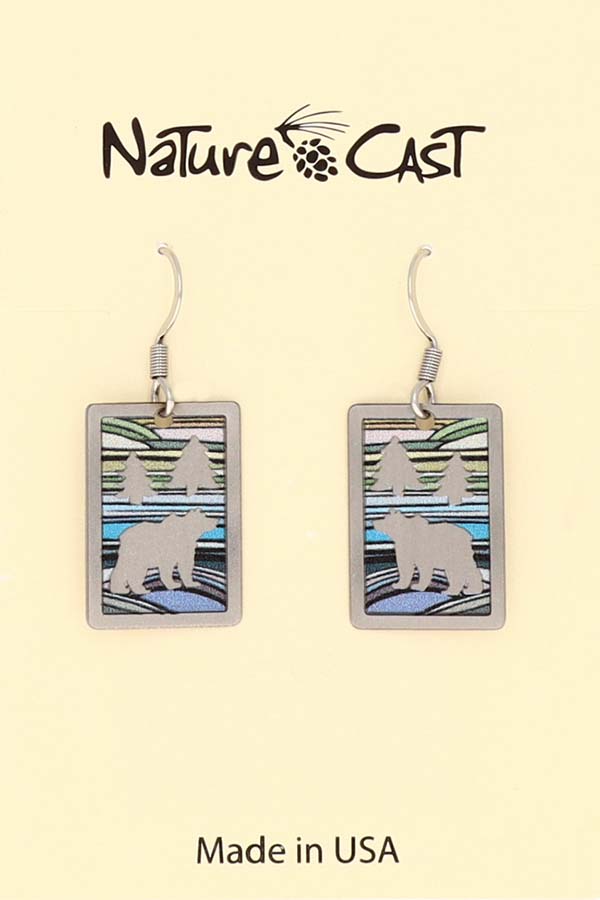 22007 Earring dangle rectangle with bear and colorful landscape THUMBNAIL