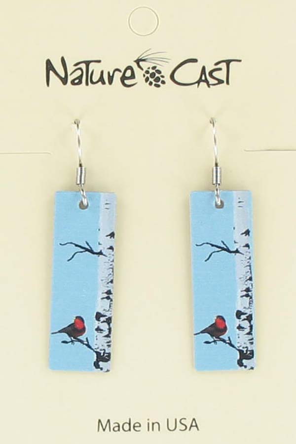 Earring dangle bird on birch rectangle LARGE
