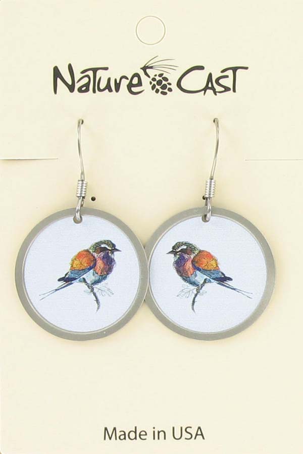 Earring dangle colorful bird on white THUMBNAIL