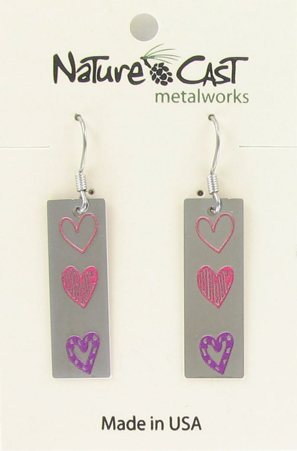 Earring dangle rectangle triple hearts THUMBNAIL