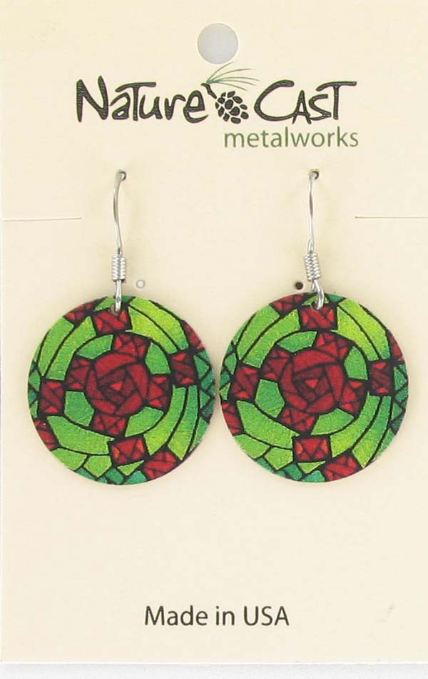 Earring dangle stained glass green and red LARGE