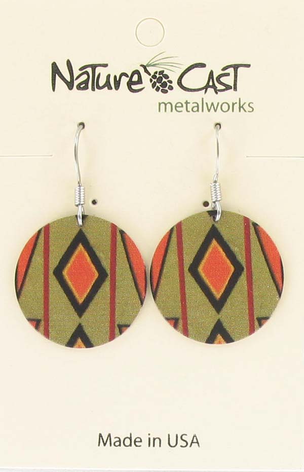 Earring dangle round disc green with orange diamond Majestic beam THUMBNAIL
