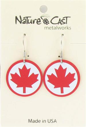 Earring dangle red maple leaf with border on white LARGE