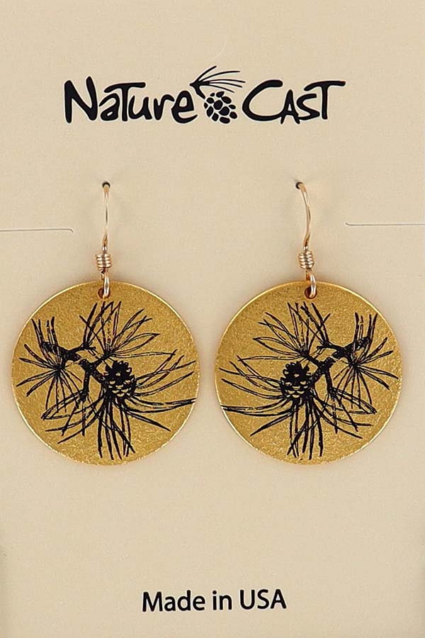 22093 Earring dangle long needle pine on gold LARGE
