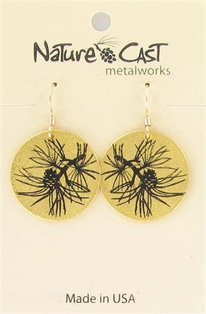 Earring dangle long needle pine on gold LARGE
