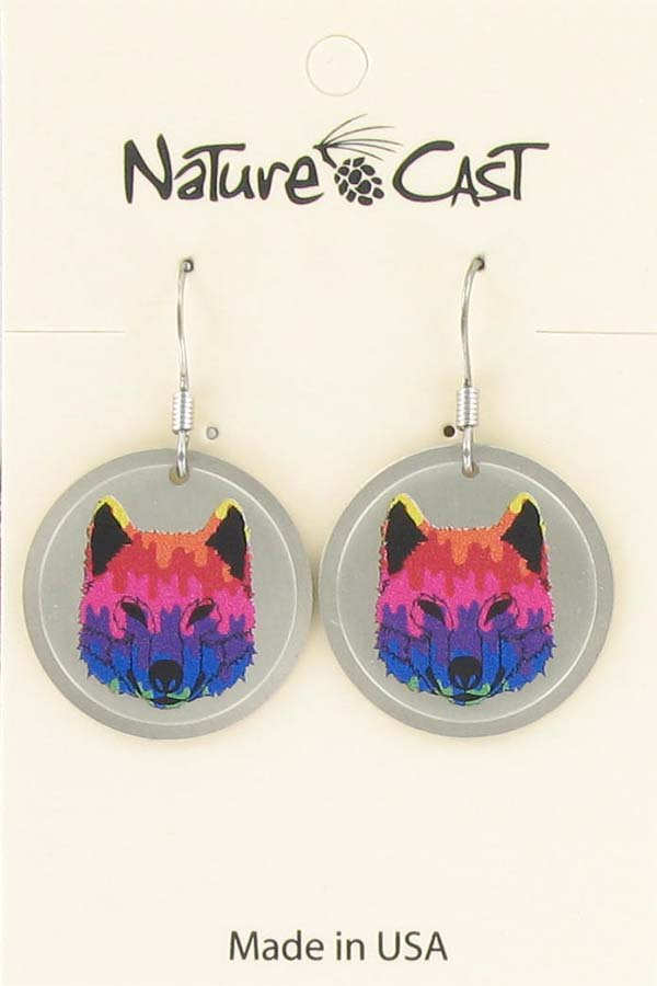 Earring dangle colorful wolf face THUMBNAIL