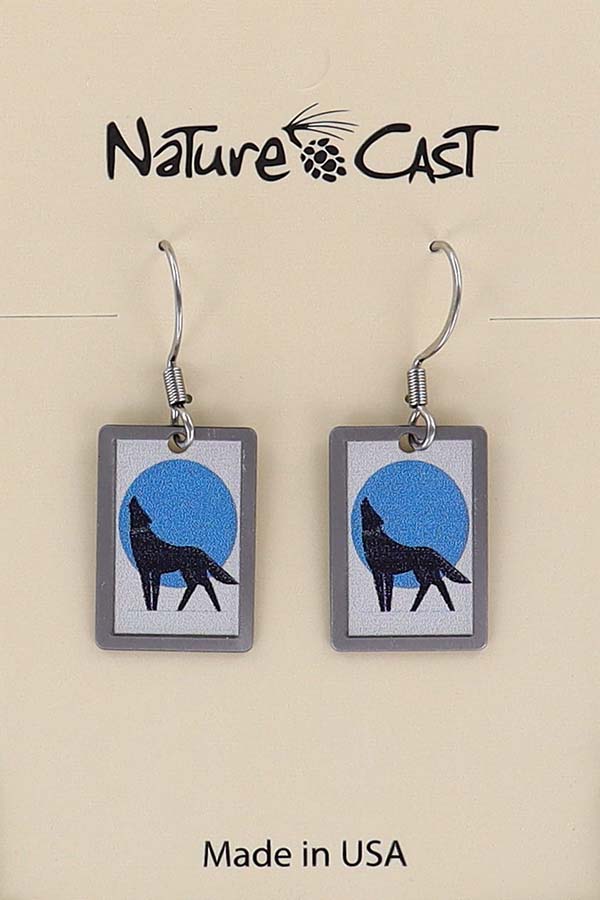 22138 Earring dangle rectangle wolf in blue moon LARGE