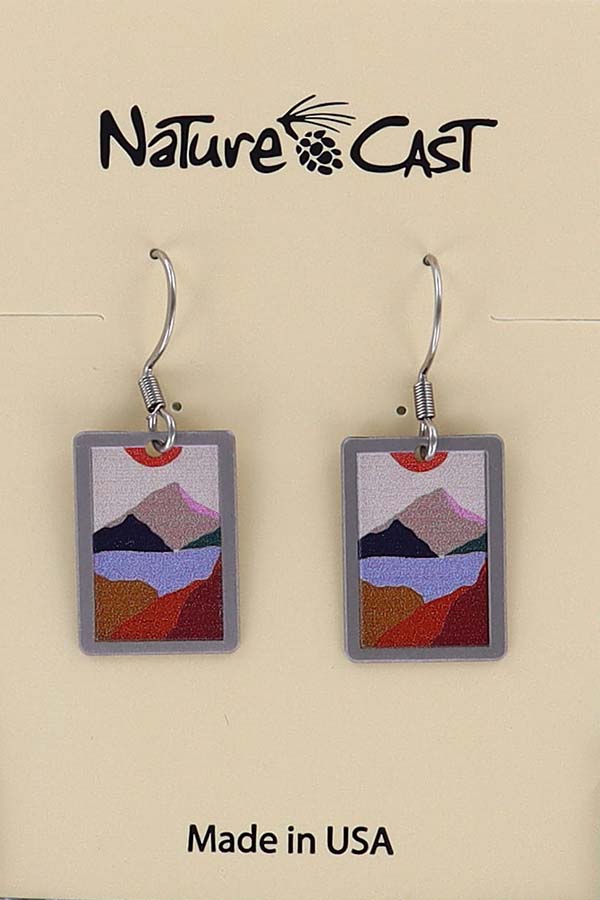 22144 Earring dangle rectangle mountain lake with orange sun MAIN